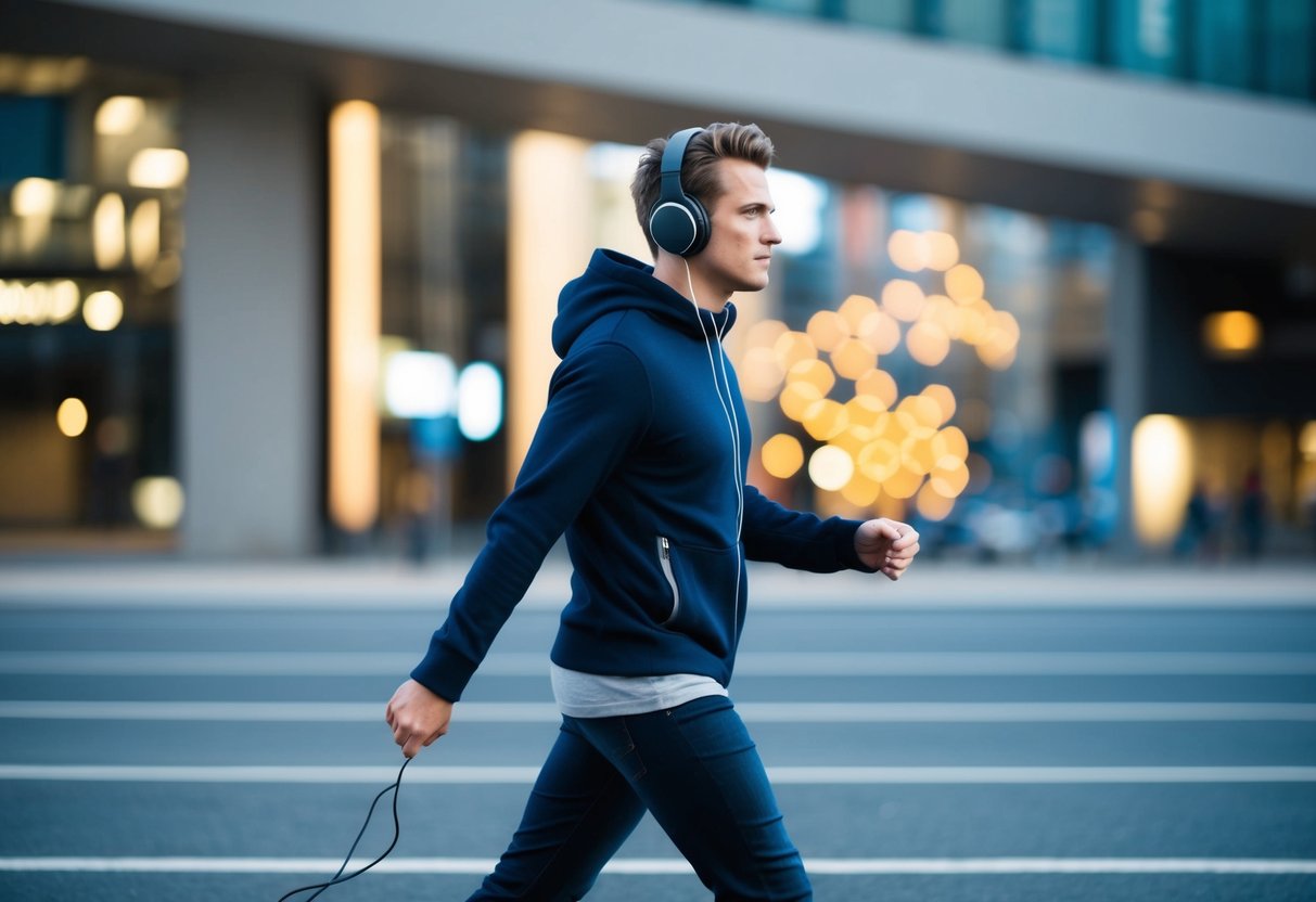 A person walking with headphones on, striding confidently to the beat of their music, with a determined look on their face