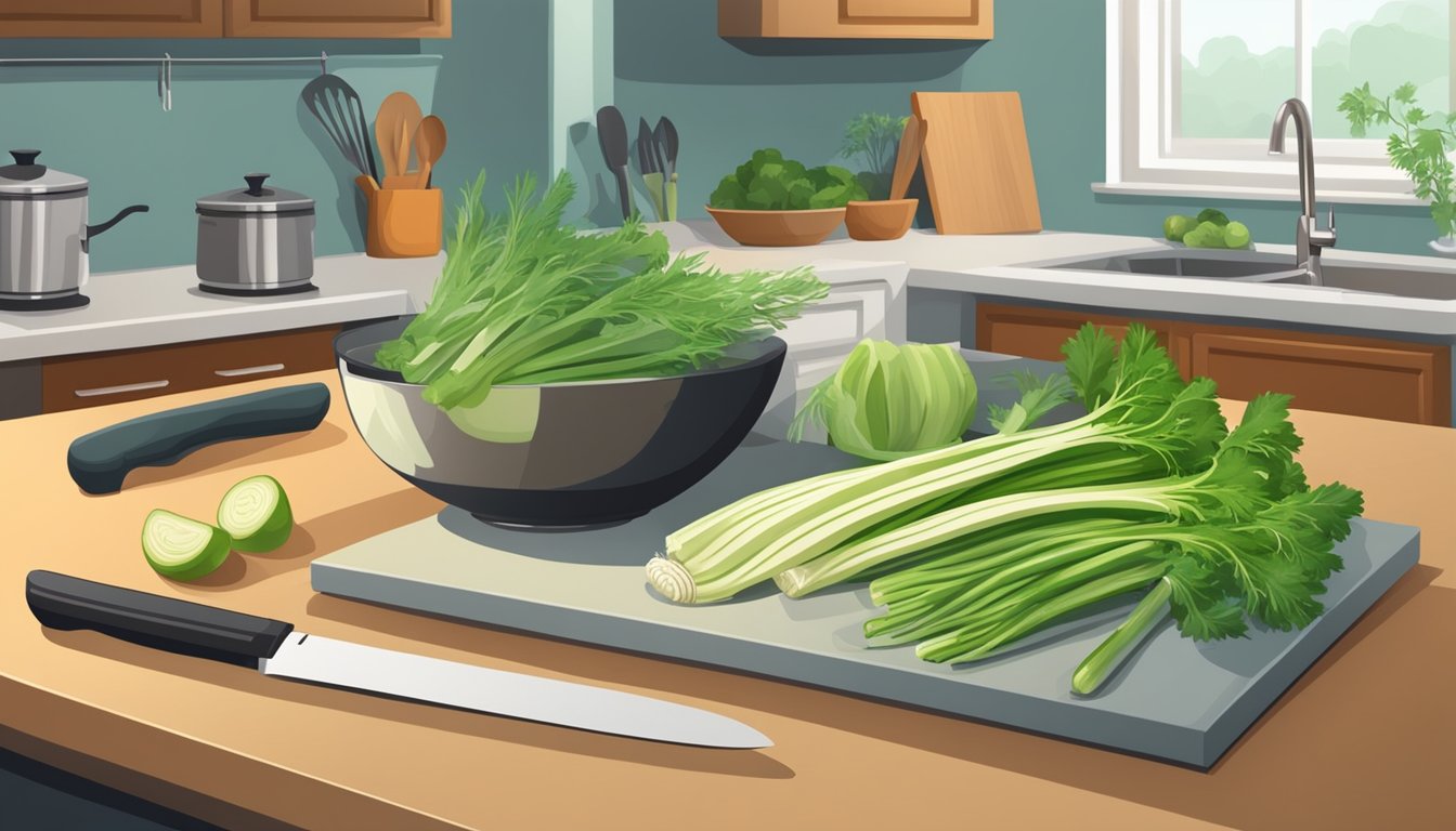 A kitchen counter with a fennel bulb and celery, a cutting board, knife, and a bowl of chopped vegetables