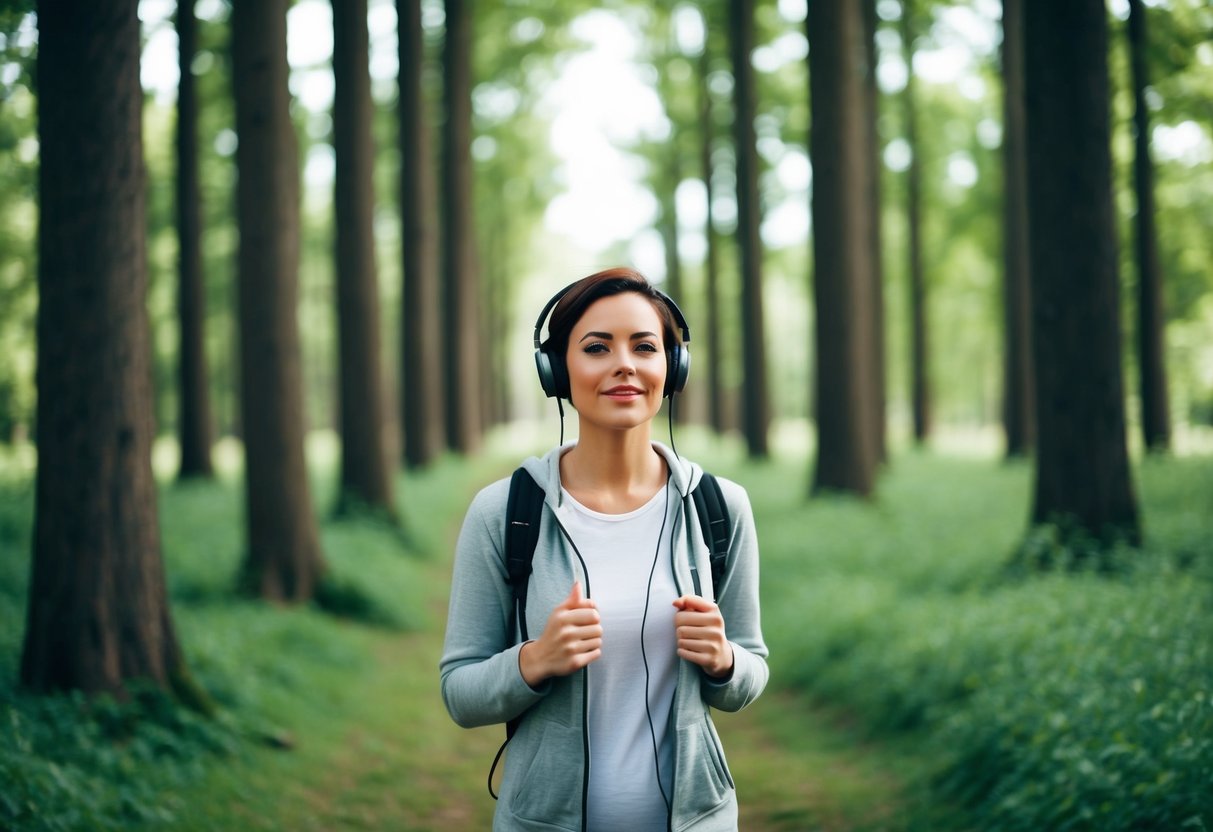 A person walking through a serene forest, surrounded by tall trees and a gentle breeze, with headphones on and a look of contentment on their face
