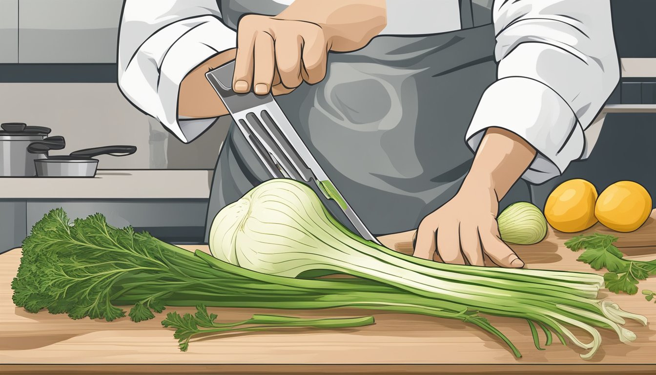 A chef slicing a fennel bulb to replace celery in a recipe