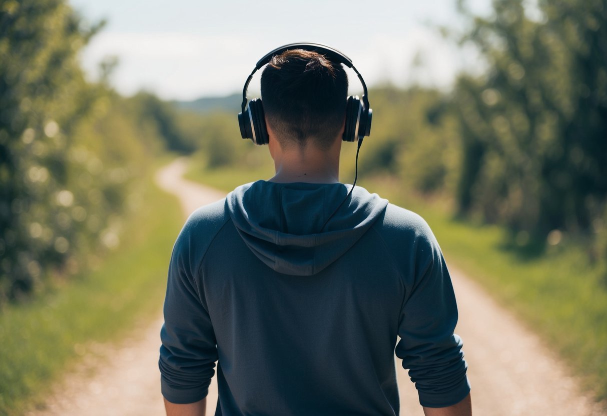 A person walking with headphones on, surrounded by nature, with a clear path and no obstacles in sight