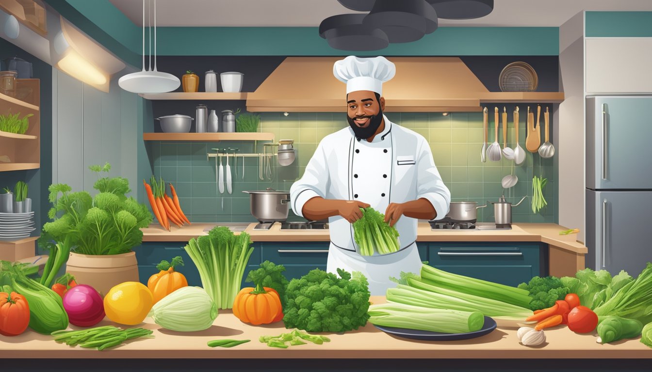 A chef swaps out celery for fennel bulb in a vibrant kitchen, surrounded by fresh produce and cooking utensils