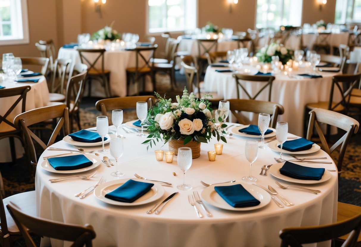 A decorated table set for a wedding reception, with multiple place settings and floral centerpieces, surrounded by empty chairs