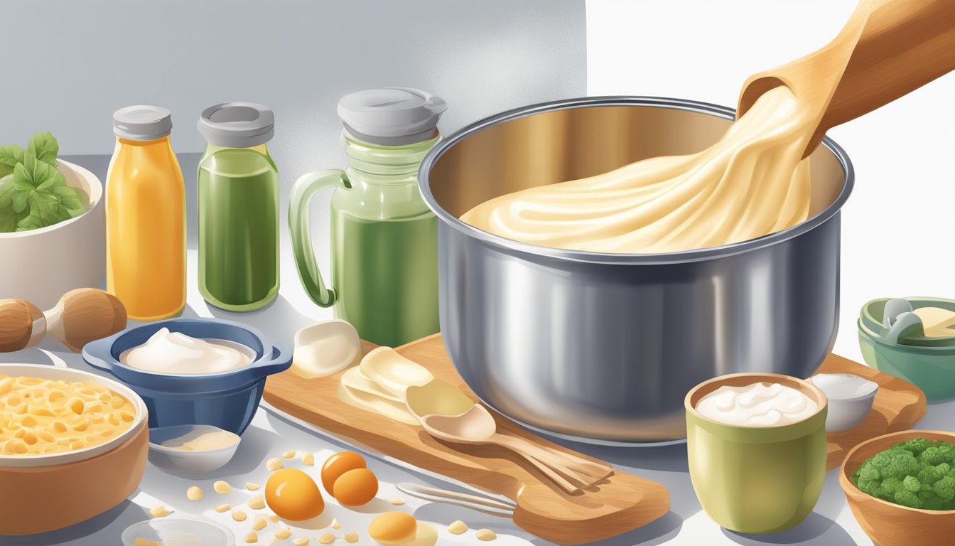 A can of evaporated milk being poured into a mixing bowl surrounded by various cooking ingredients and utensils