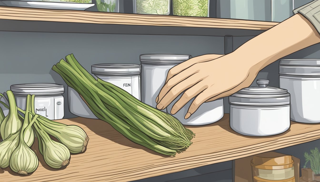 A hand reaching for a fennel bulb in a kitchen pantry, with a celery stalk nearby. A storage container labeled "fennel" sits on a shelf