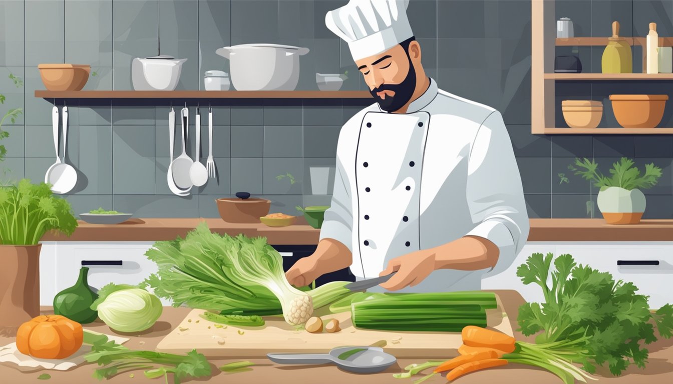 A chef in a kitchen, holding a fennel bulb and celery, experimenting with different dishes. Ingredients and cooking utensils are scattered on the counter