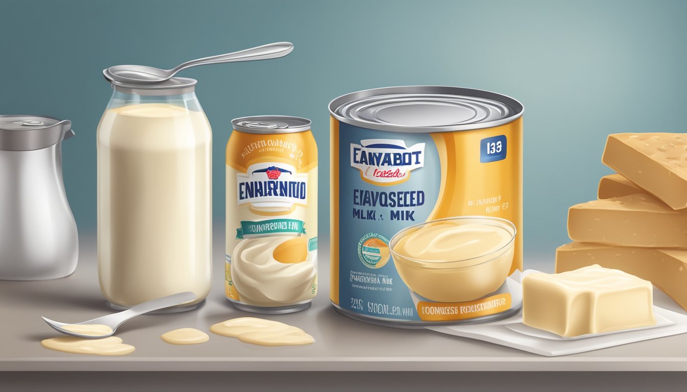 A can of evaporated milk and a can of condensed milk sitting side by side on a kitchen counter, with various ingredients and utensils scattered around