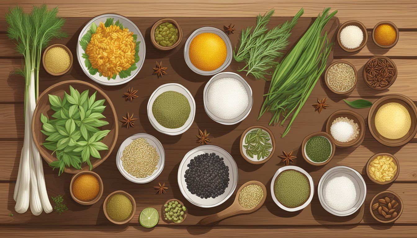 A variety of world cuisines represented by different dishes, with fennel seeds and anise seeds prominently featured. Ingredients and spices are laid out on a wooden table