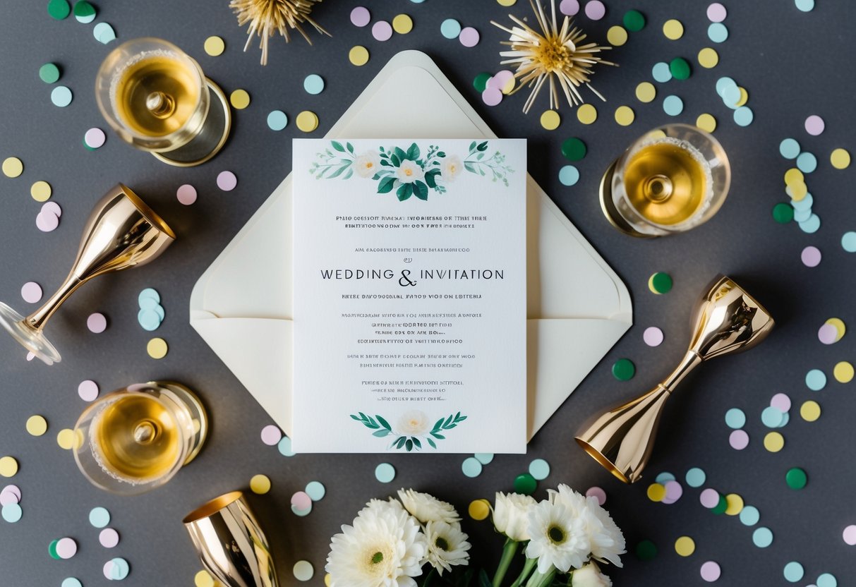 A wedding invitation surrounded by various symbols of celebration, such as confetti, champagne glasses, and flowers