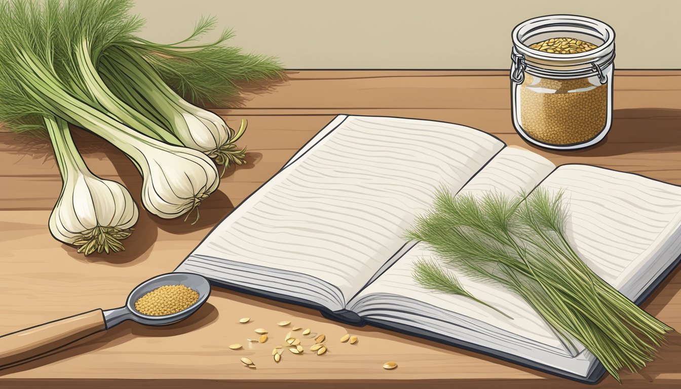 A kitchen counter with a jar of fennel seeds next to a recipe book open to a page on sweet and baked creations