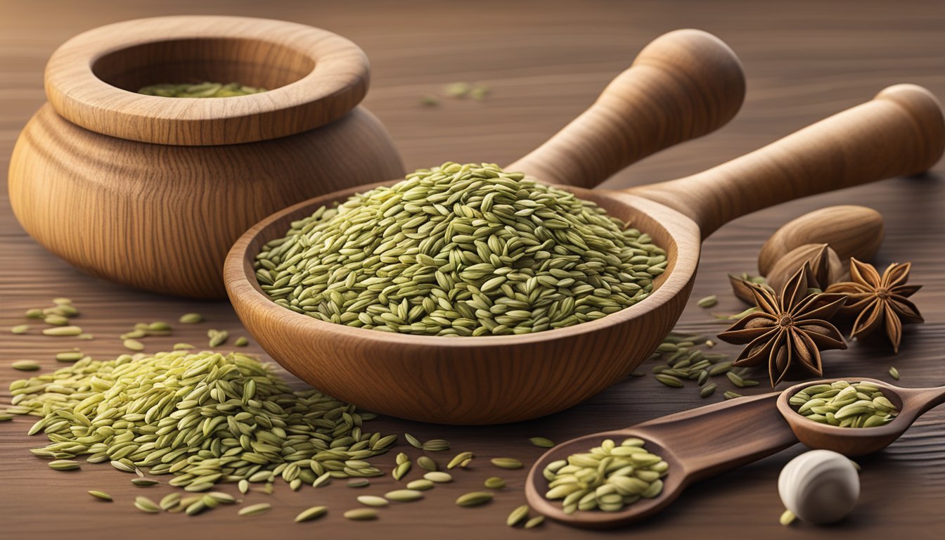 Fennel seeds and anise seeds sit side by side on a wooden cutting board, with measuring spoons and a mortar and pestle nearby