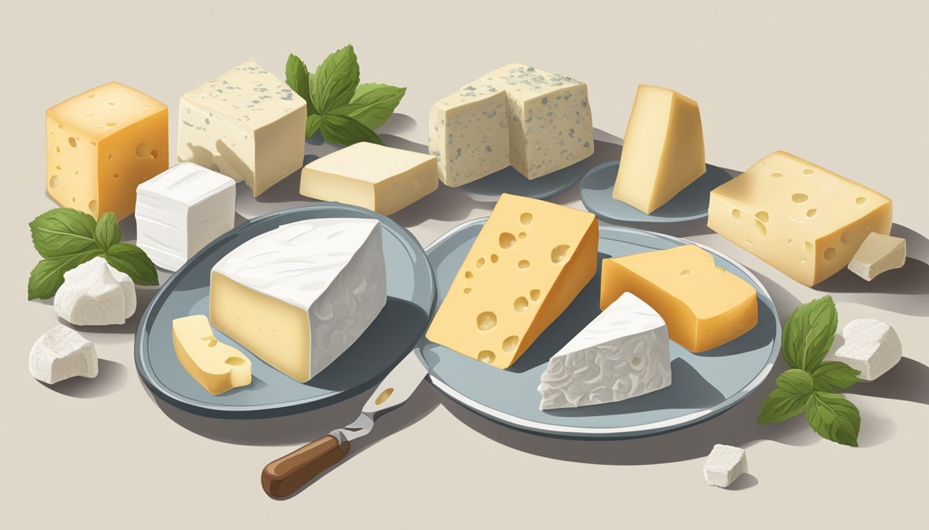 A table with various types of cheese, including feta and goat cheese, alongside a list of potential substitutes