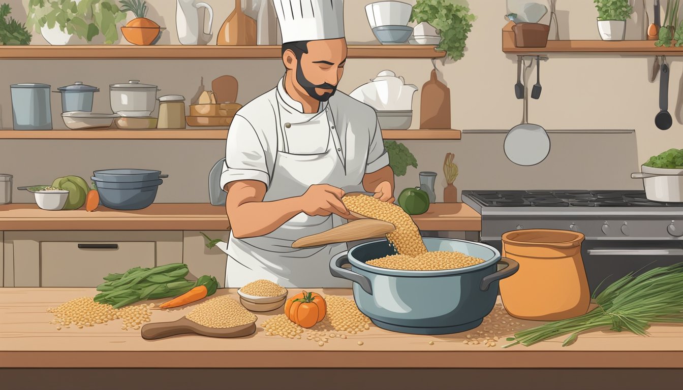 A chef pouring farro into a pot, with a bag of barley next to it. Ingredients like vegetables and herbs are laid out on a cutting board nearby