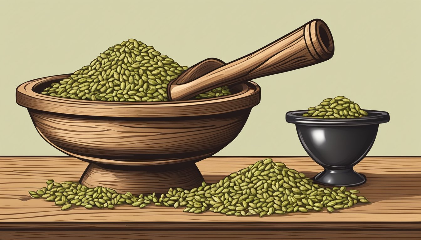 Fennel and anise seeds arranged in a rustic wooden mortar and pestle, ready to be crushed and used as a substitute in non-culinary applications