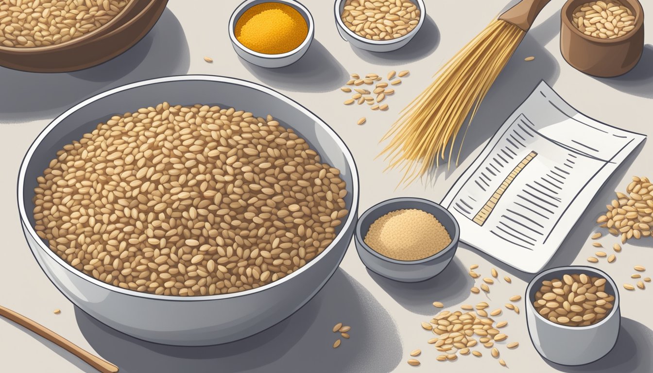 A bowl of farro and barley side by side, surrounded by various ingredients and cooking utensils, with a nutrition label in the background for comparison