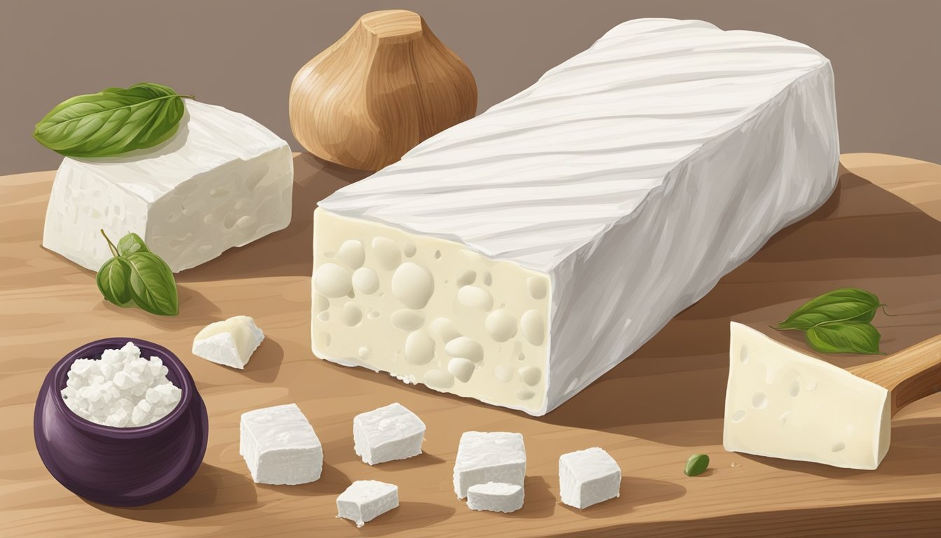 A selection of goat cheese varieties with a block of feta cheese nearby, showcasing the process of substituting one for the other