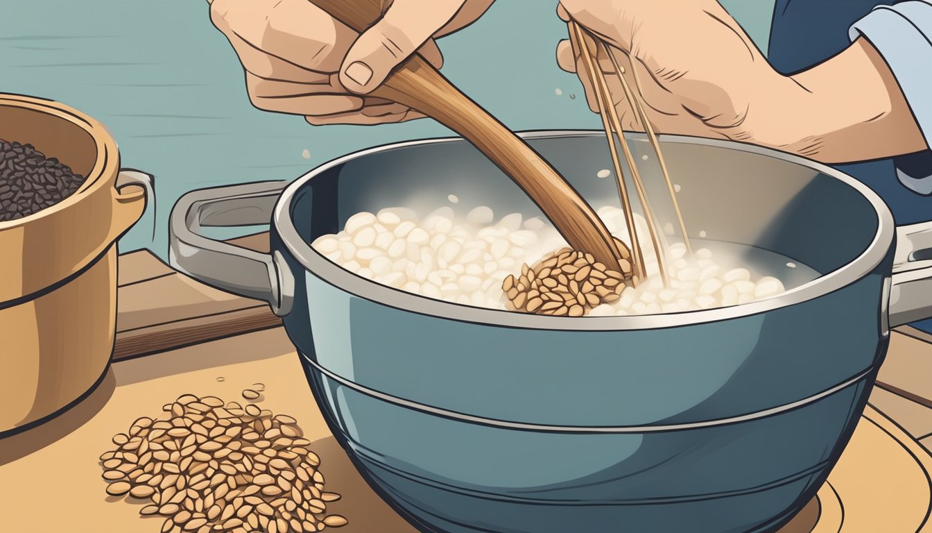 A person pours farro into a pot of boiling water, stirring with a wooden spoon. The farro cooks and is then drained before being used as a substitute for barley in a recipe