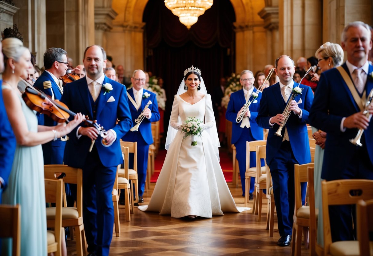 A grand wedding procession with musicians playing as the queen walks down the aisle
