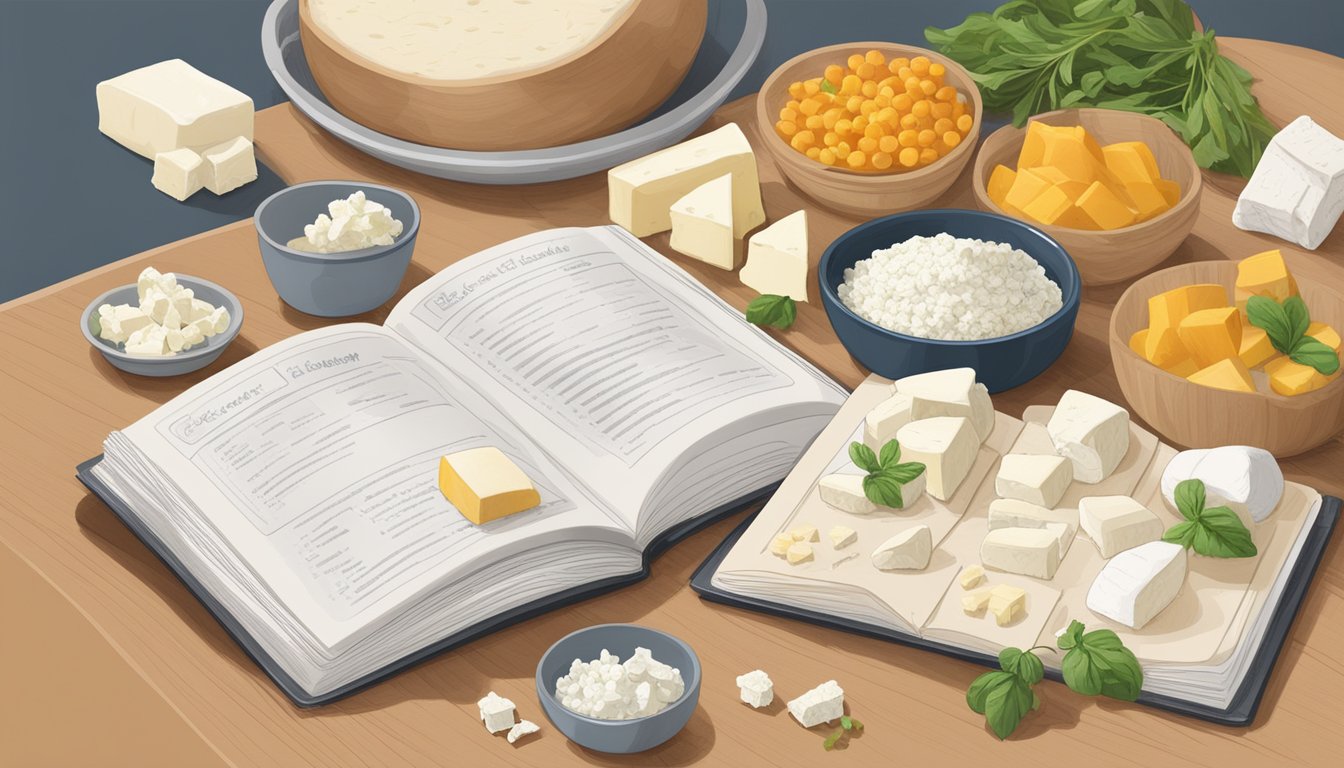 A kitchen counter with various ingredients, including feta cheese and goat cheese, next to a recipe book open to a page titled "Cheese Substitution Strategies."