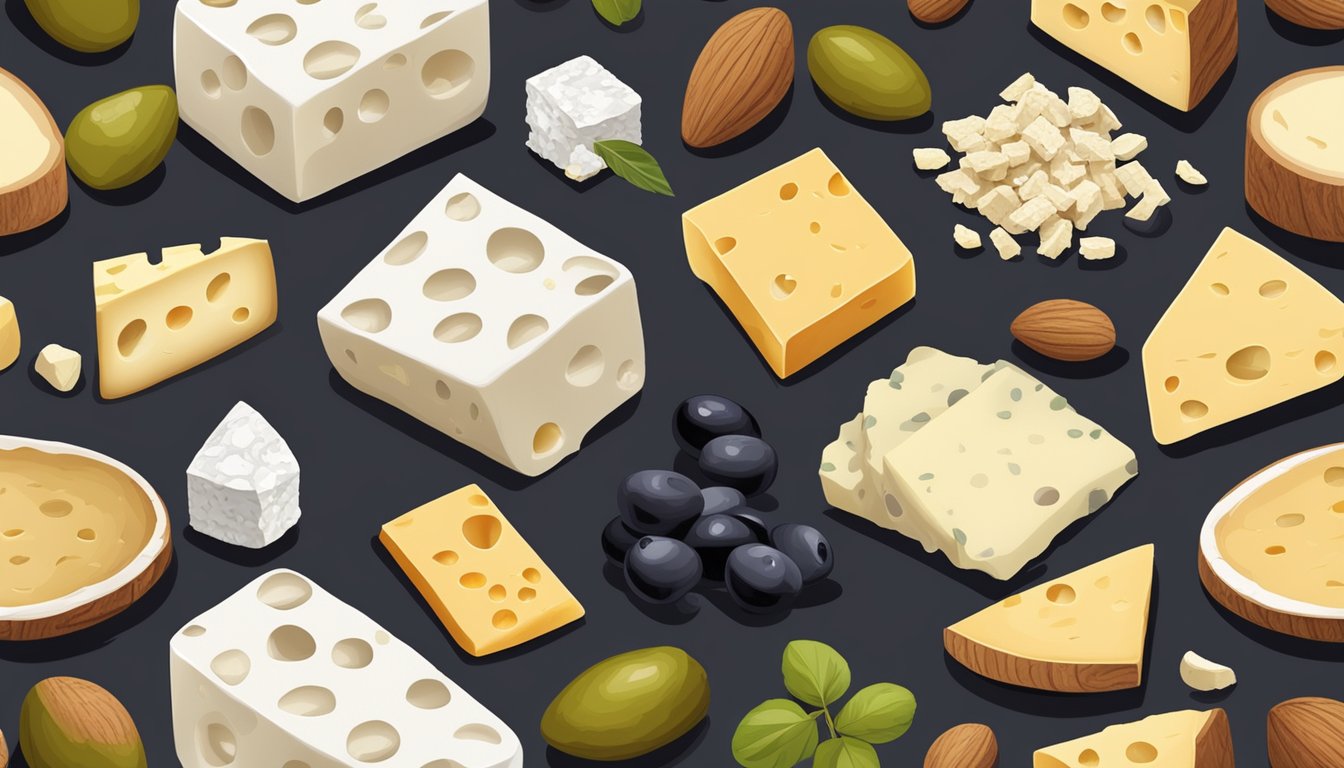 A rustic wooden table with a variety of cheese alternatives, including tofu, nuts, and olives, next to a crumbled feta and sliced goat cheese