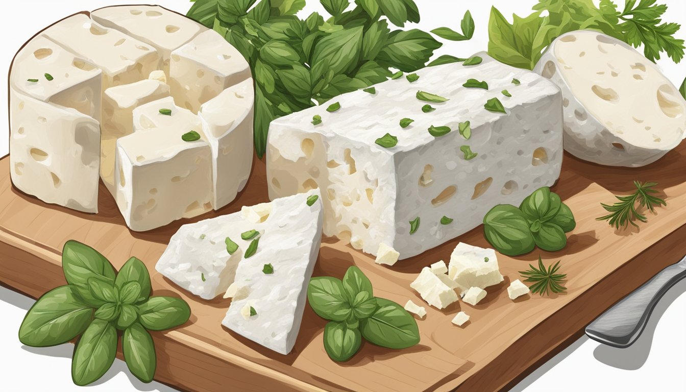 A hand reaching for a block of feta cheese next to a crumbled goat cheese on a cutting board, surrounded by various fresh herbs and spices