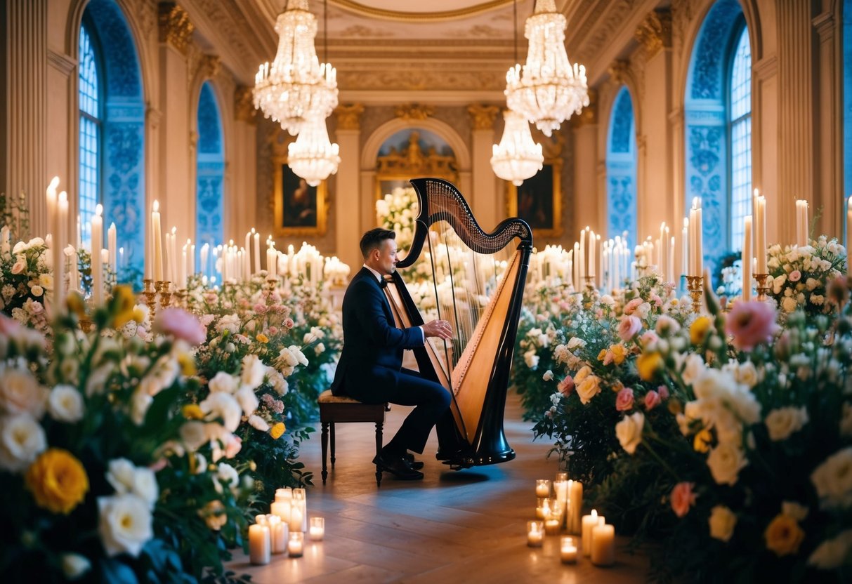 A grand, ornate hall filled with flowers and candles, as a harpist plays a beautiful melody for the queen's wedding