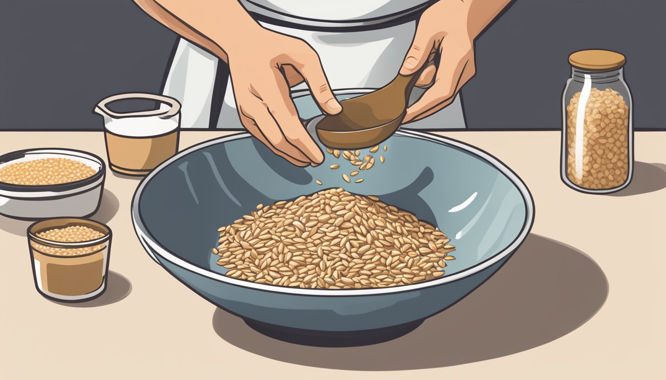 A bowl of cooked farro sits next to a bag of barley, with a measuring cup and spoon nearby. A chef's hand reaches for the farro, ready to substitute it for the barley in a recipe