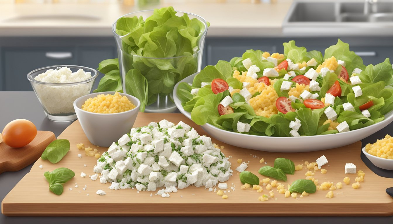 A chef sprinkles crumbled feta cheese over a salad in place of goat cheese, with both cheeses displayed on a cutting board nearby