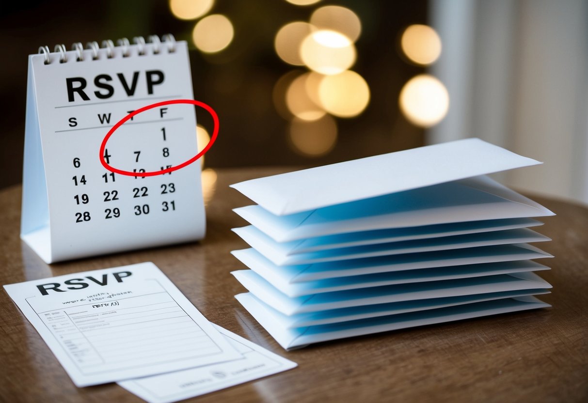 A stack of unopened RSVP envelopes on a table, with a calendar showing the event date circled in red