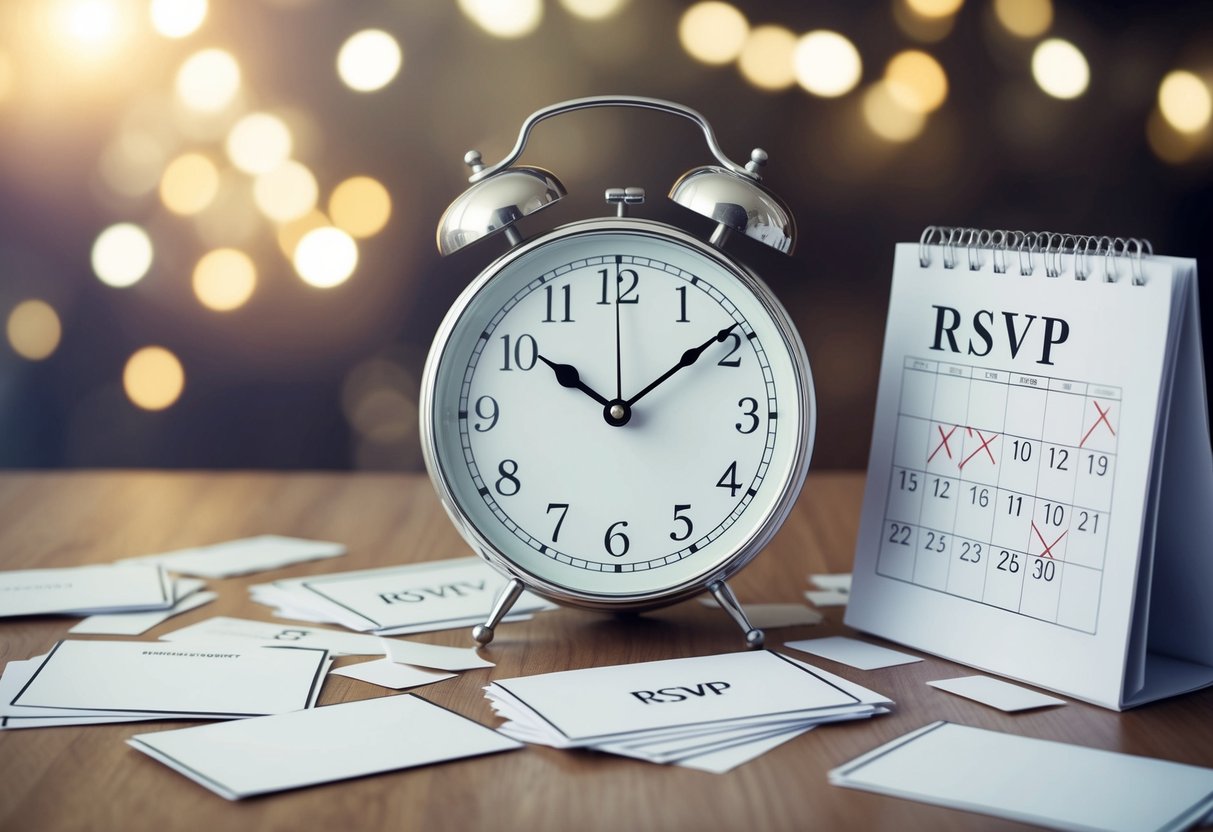 A clock with hands pointing to different times, surrounded by scattered RSVP cards and a calendar with past dates crossed out