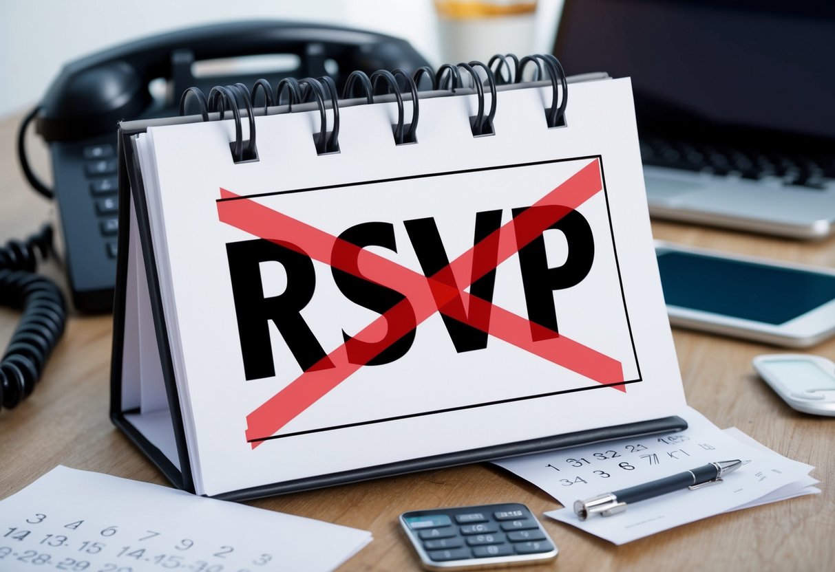 A calendar with a highlighted RSVP date crossed out, surrounded by missed phone calls and unopened emails