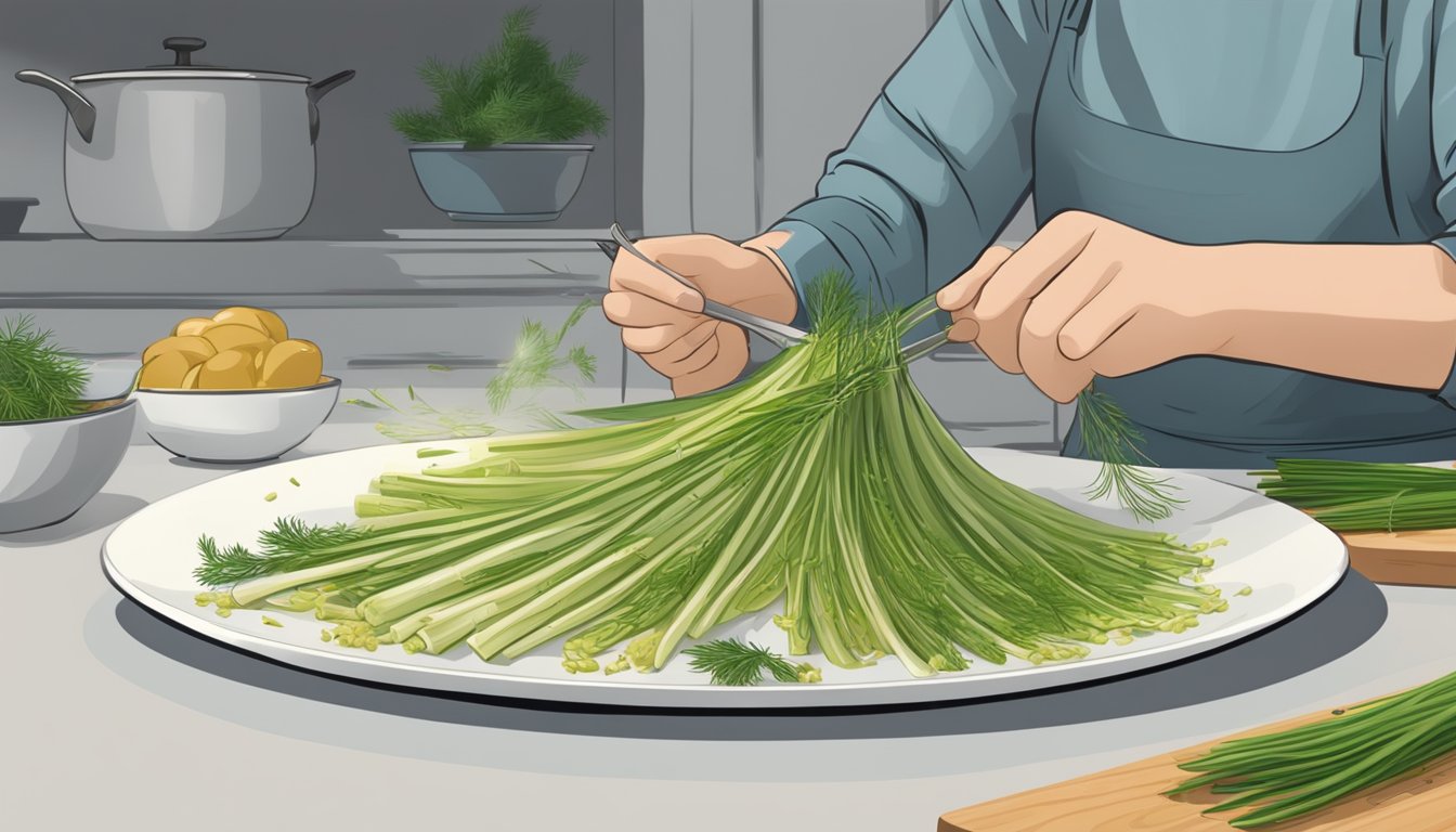 Fennel fronds being chopped and sprinkled on a dish in place of dill