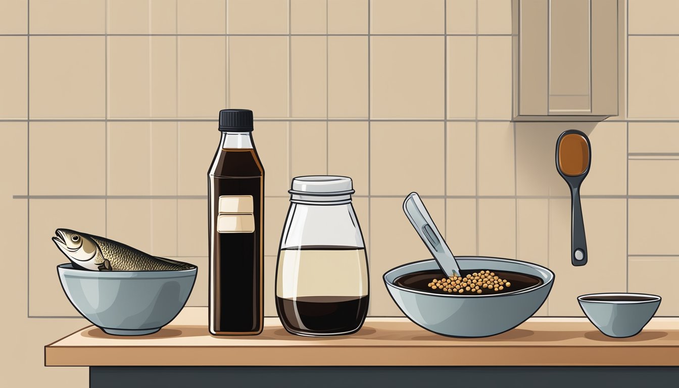 A bottle of fish sauce and soy sauce on a kitchen counter, with a measuring spoon pouring fish sauce into a bowl of soy sauce