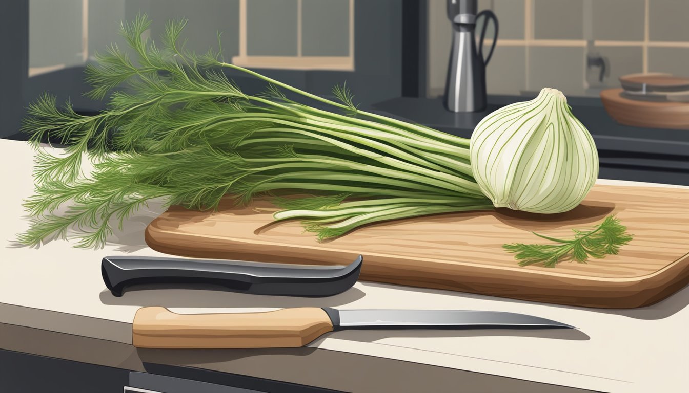 A kitchen counter with fresh fennel fronds and a cutting board with a knife