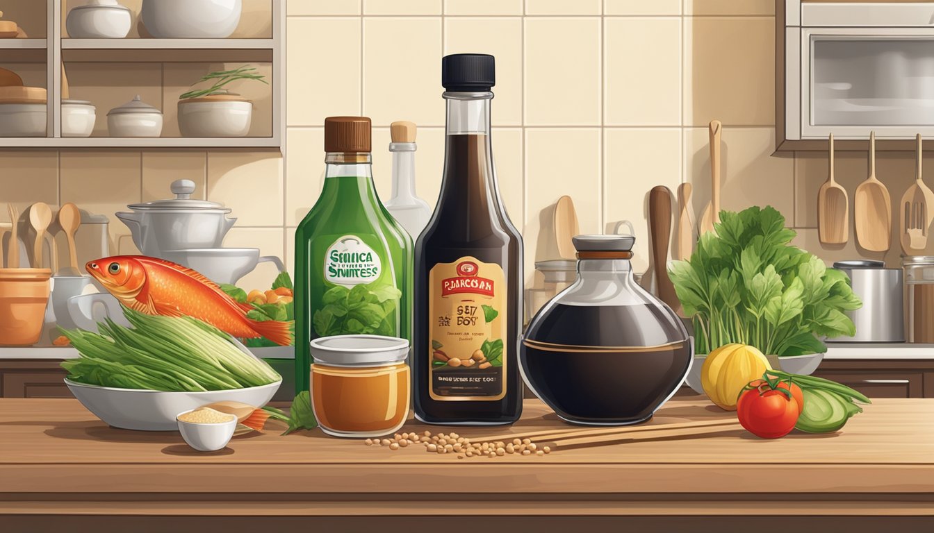 A bottle of fish sauce and soy sauce on a kitchen counter, surrounded by various ingredients and cooking utensils