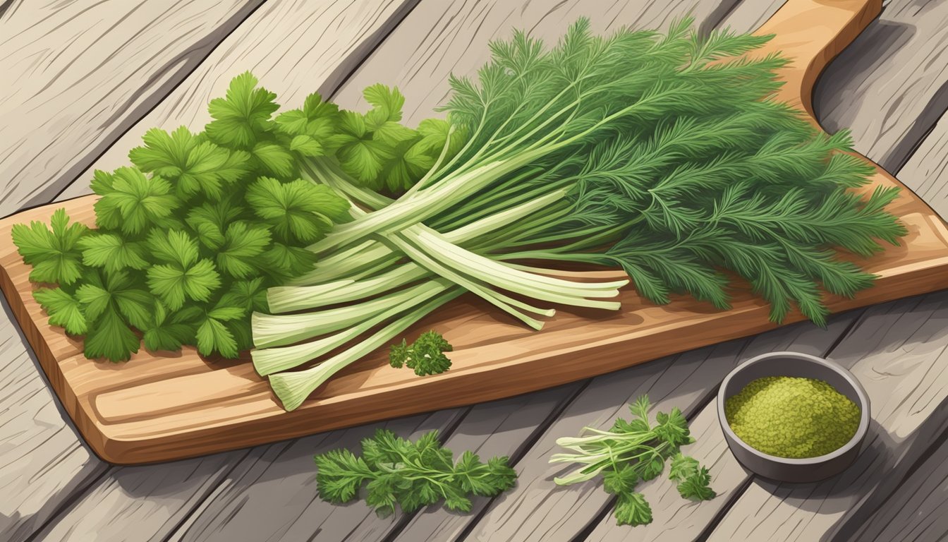 Fennel fronds placed next to various herbs, such as dill, mint, and parsley, on a wooden cutting board