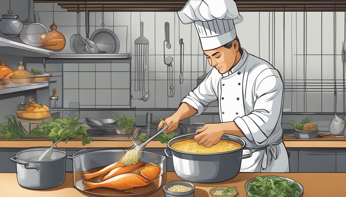 A chef pouring fish stock into a pot of simmering ingredients, with a labeled container of chicken stock nearby