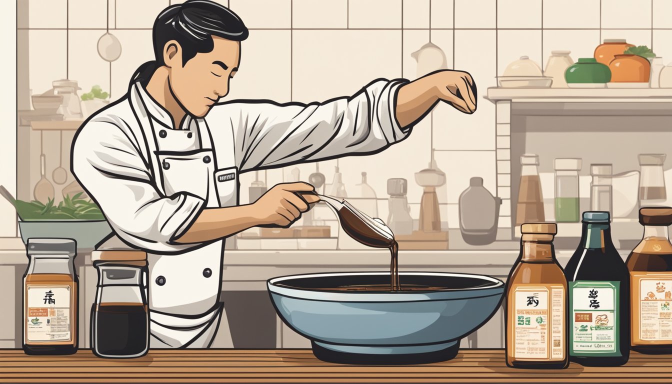 A chef pouring fish sauce into a bowl, with a bottle of soy sauce next to it, showcasing the process of substituting fish sauce for soy sauce in a recipe