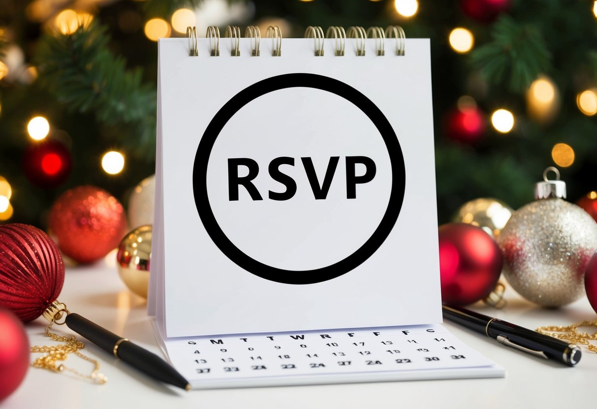 A calendar with a circle around a specific date, surrounded by festive decorations and a pen ready to mark the RSVP deadline