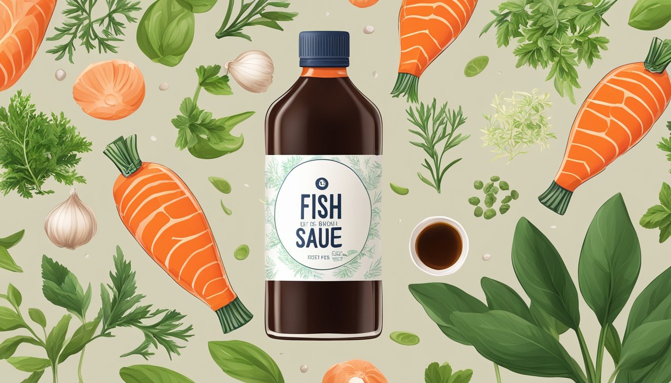 A bottle of fish sauce replaces a bottle of soy sauce on a kitchen counter, surrounded by various fresh herbs and ingredients