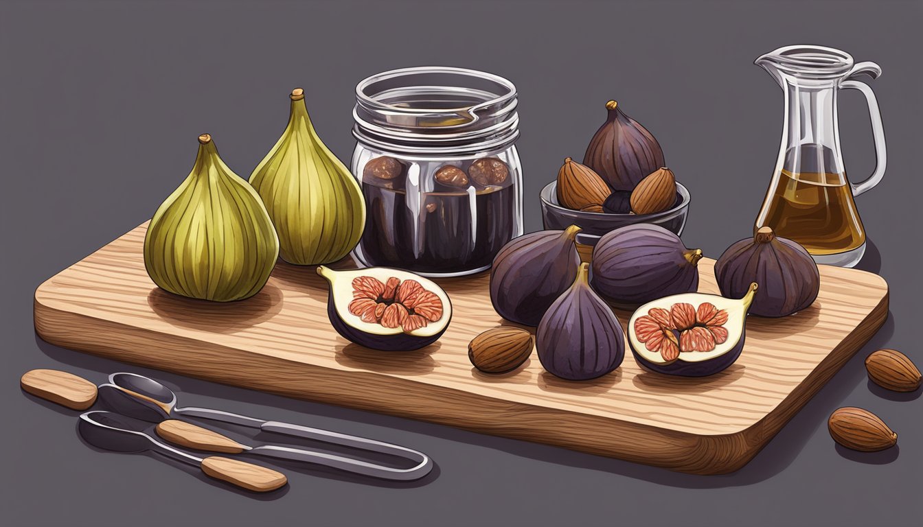 Fresh figs and dates arranged on a wooden cutting board, surrounded by measuring cups, spoons, and a mixing bowl