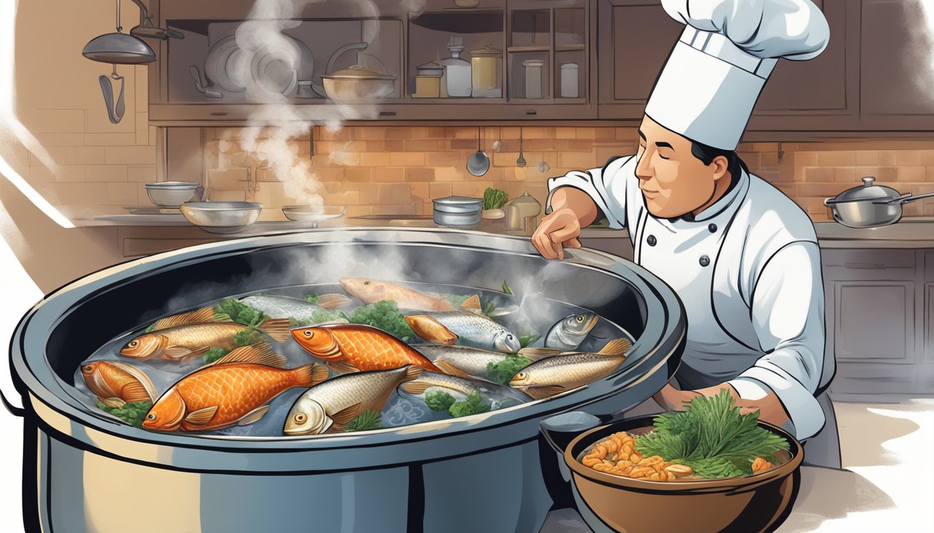 A chef pours a steaming pot of fish stock into a bowl, replacing the traditional chicken stock in a recipe. Various fish and seafood are displayed nearby