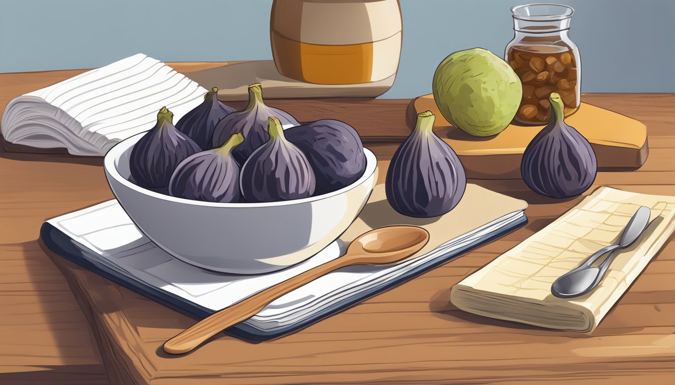 A bowl of figs and dates next to a measuring cup and spoon on a wooden cutting board. A recipe book open to a baking page in the background