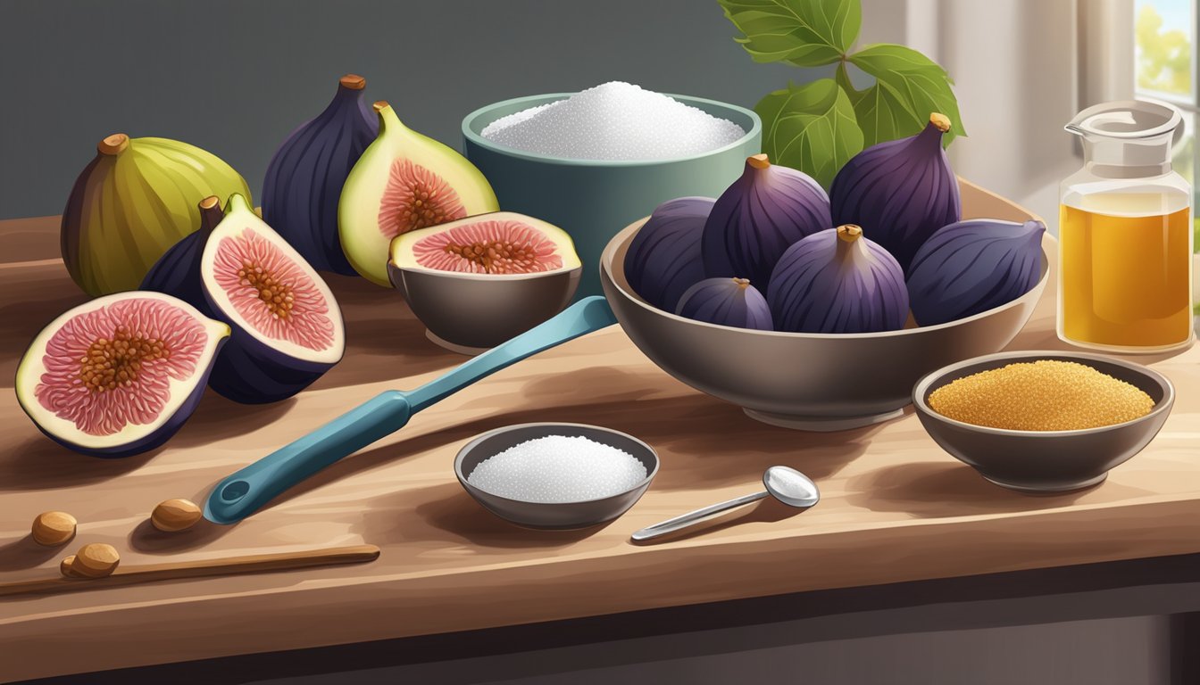 Figs arranged on a cutting board next to a bowl of sugar and measuring spoons, with a mixing bowl and various baking ingredients in the background