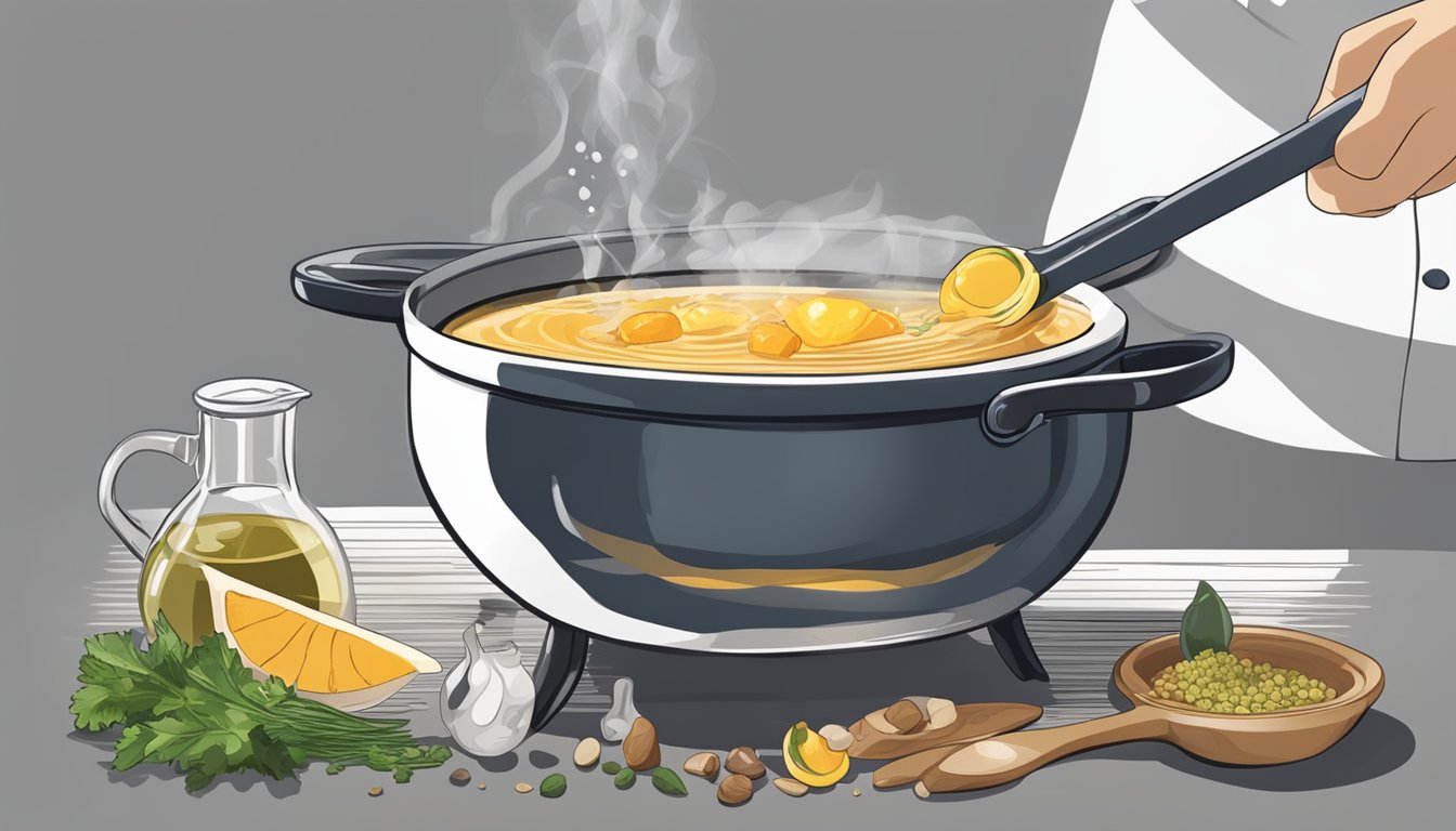 A chef pouring a mixture of fish stock and additives into a pot of simmering broth