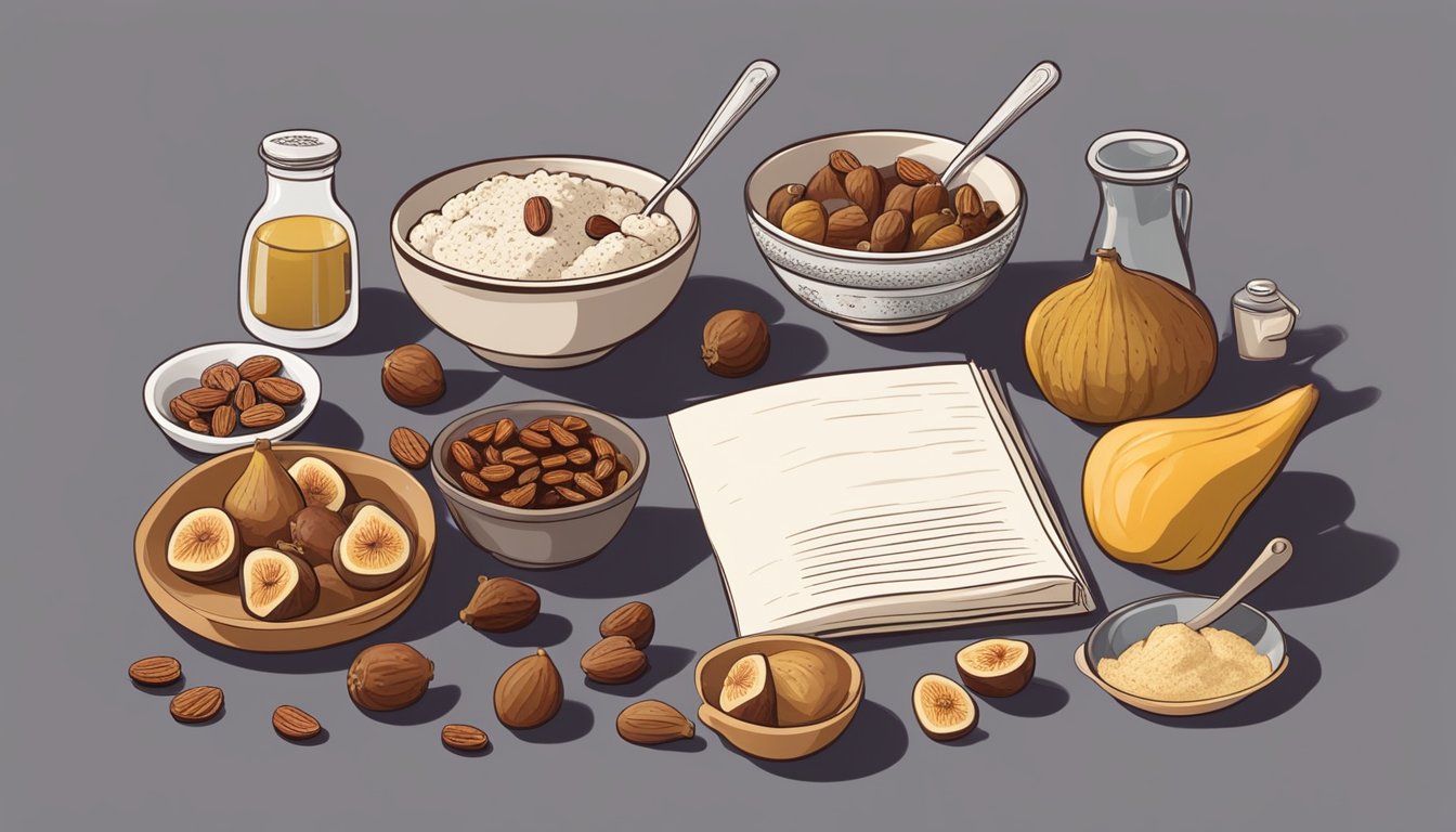 A kitchen counter with a bowl of figs and dates, surrounded by baking ingredients and recipe books. A measuring spoon and mixing bowl are also present