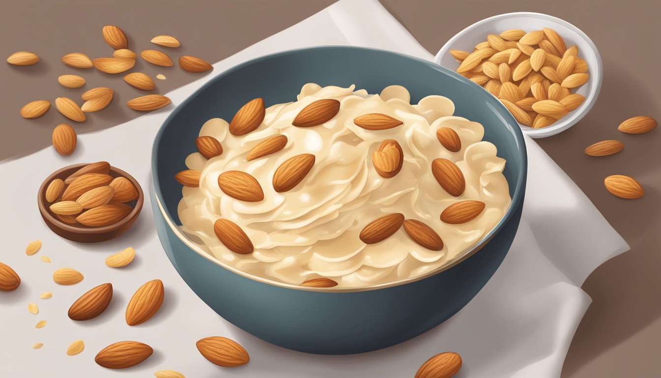 A bowl of batter with flaked almonds being sprinkled on top, a bag of sliced almonds next to it