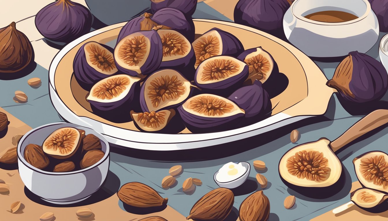 A bowl of figs being chopped and mixed into a batter, next to a pile of dates. Ingredients and measuring spoons scattered around