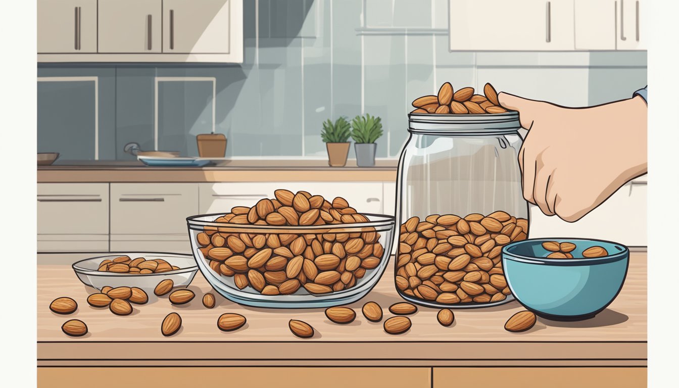 A hand reaching for a jar of flaked almonds next to a bowl of sliced almonds on a kitchen counter