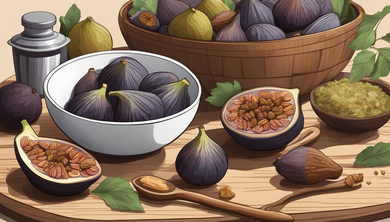 A bowl of figs sits next to a pile of dates on a wooden cutting board, surrounded by various baking and cooking ingredients